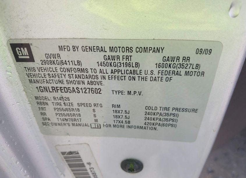 Photo 9 of 2010 Chevrolet Traverse LT (VIN 1GNLRFED5AS127602)