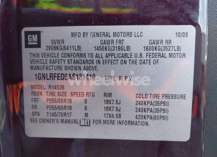 Photo 9 of 2010 Chevrolet Traverse LT (VIN 1GNLRFED5AS131410)