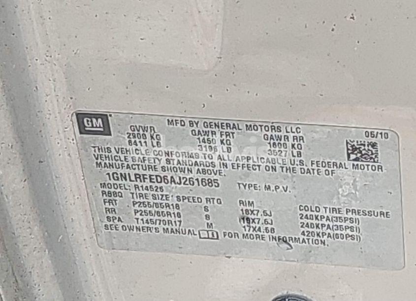 Photo 9 of 2010 Chevrolet Traverse LT (VIN 1GNLRFED6AJ261685)