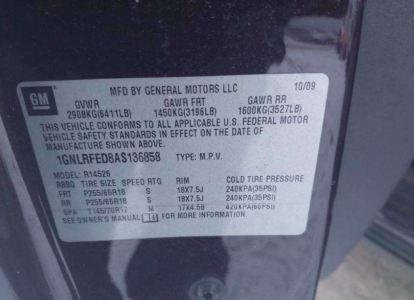 Photo 9 of 2010 Chevrolet Traverse LT (VIN 1GNLRFED8AS136858)