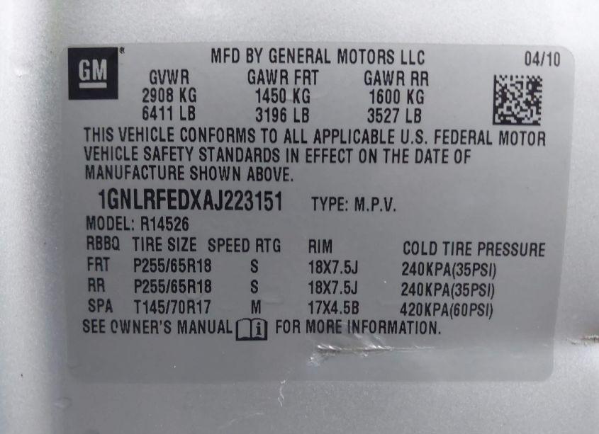 Photo 9 of 2010 Chevrolet Traverse LT (VIN 1GNLRFEDXAJ223151)