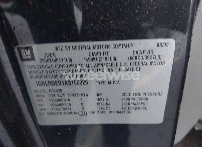 Photo 9 of 2010 Chevrolet Traverse LT (VIN 1GNLRGED1AS106929)