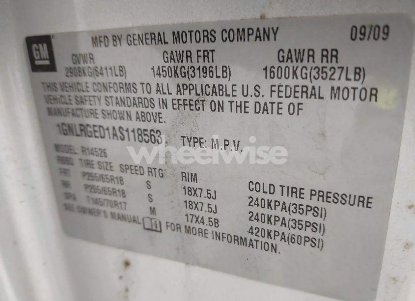 Photo 9 of 2010 Chevrolet Traverse LT (VIN 1GNLRGED1AS118563)