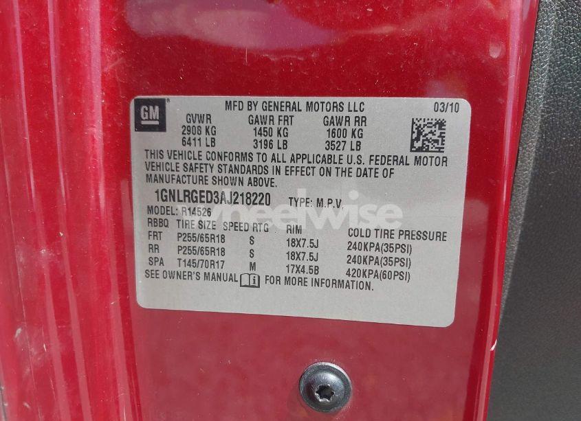 Photo 9 of 2010 Chevrolet Traverse LT (VIN 1GNLRGED3AJ218220)