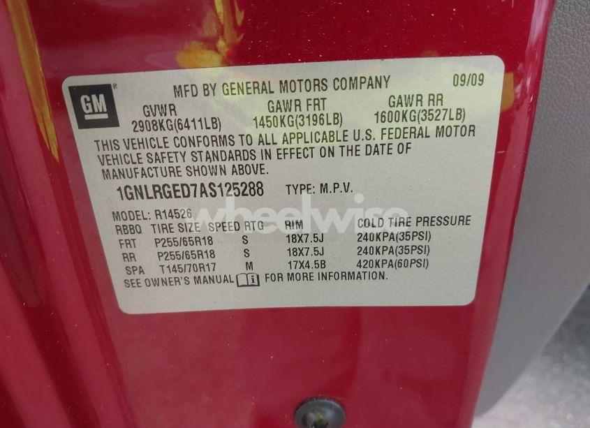 Photo 9 of 2010 Chevrolet Traverse LT (VIN 1GNLRGED7AS125288)