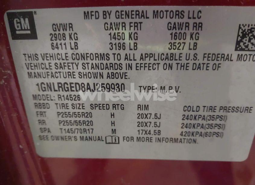 Photo 9 of 2010 Chevrolet Traverse LT (VIN 1GNLRGED8AJ259930)