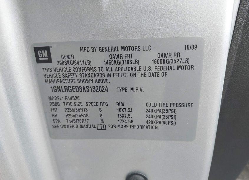 Photo 9 of 2010 Chevrolet Traverse LT (VIN 1GNLRGED8AS132024)
