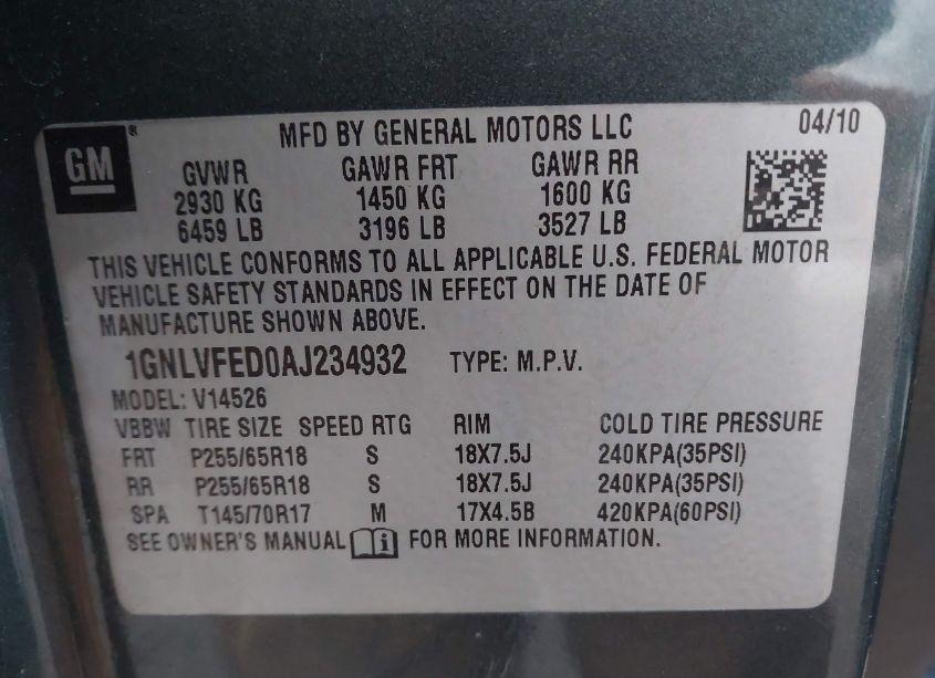 Photo 9 of 2010 Chevrolet Traverse LT (VIN 1GNLVFED0AJ234932)