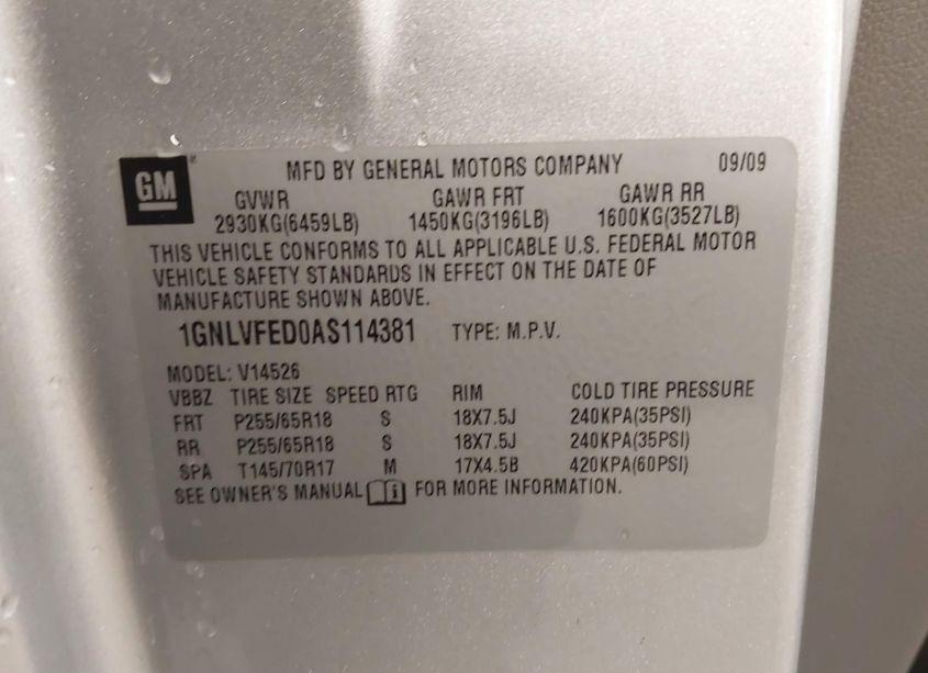 Photo 9 of 2010 Chevrolet Traverse LT (VIN 1GNLVFED0AS114381)