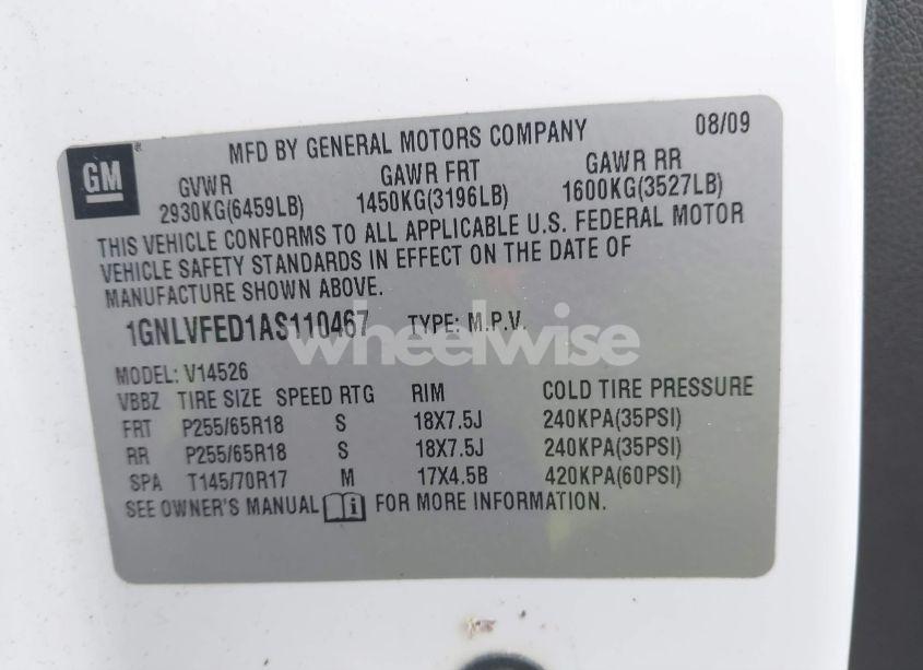 Photo 9 of 2010 Chevrolet Traverse LT (VIN 1GNLVFED1AS110467)