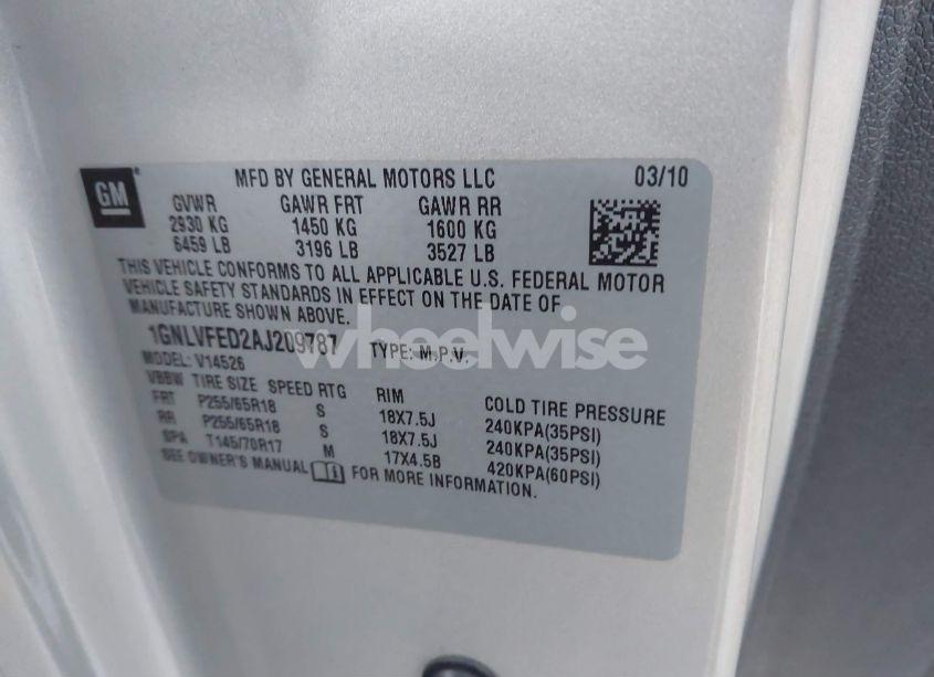 Photo 9 of 2010 Chevrolet Traverse LT (VIN 1GNLVFED2AJ209787)