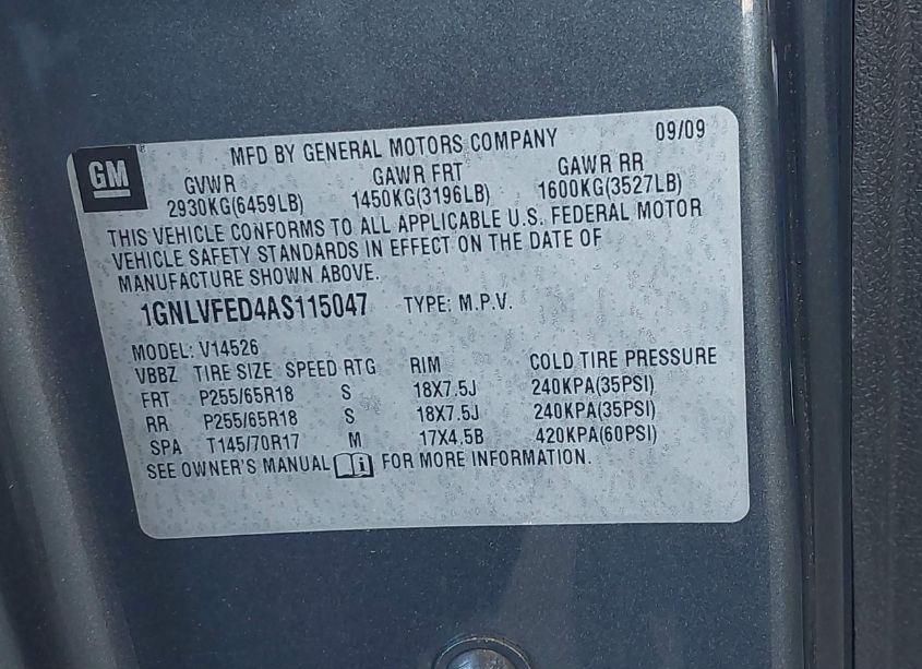 Photo 9 of 2010 Chevrolet Traverse LT (VIN 1GNLVFED4AS115047)