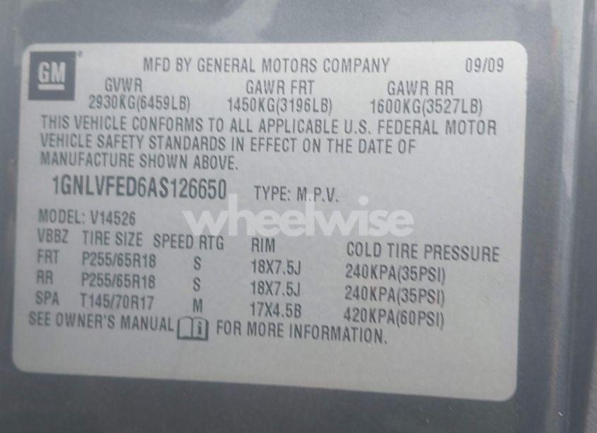 Photo 9 of 2010 Chevrolet Traverse LT (VIN 1GNLVFED6AS126650)