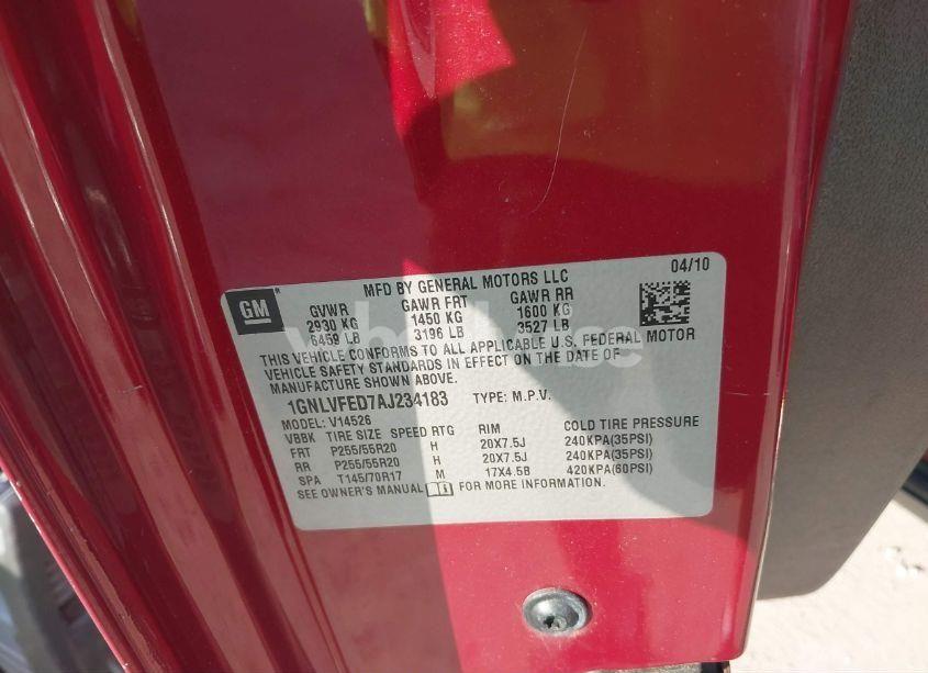 Photo 9 of 2010 Chevrolet Traverse LT (VIN 1GNLVFED7AJ234183)