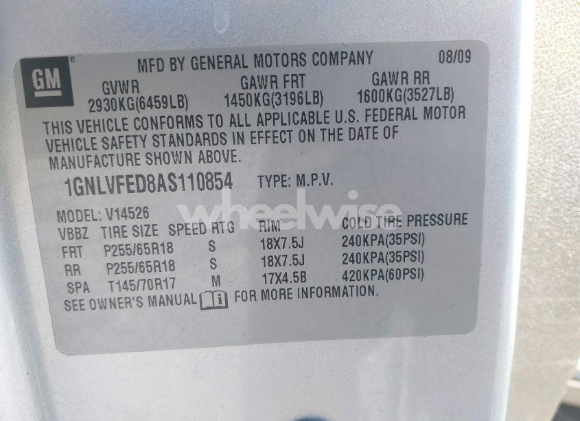 Photo 9 of 2010 Chevrolet Traverse LT (VIN 1GNLVFED8AS110854)