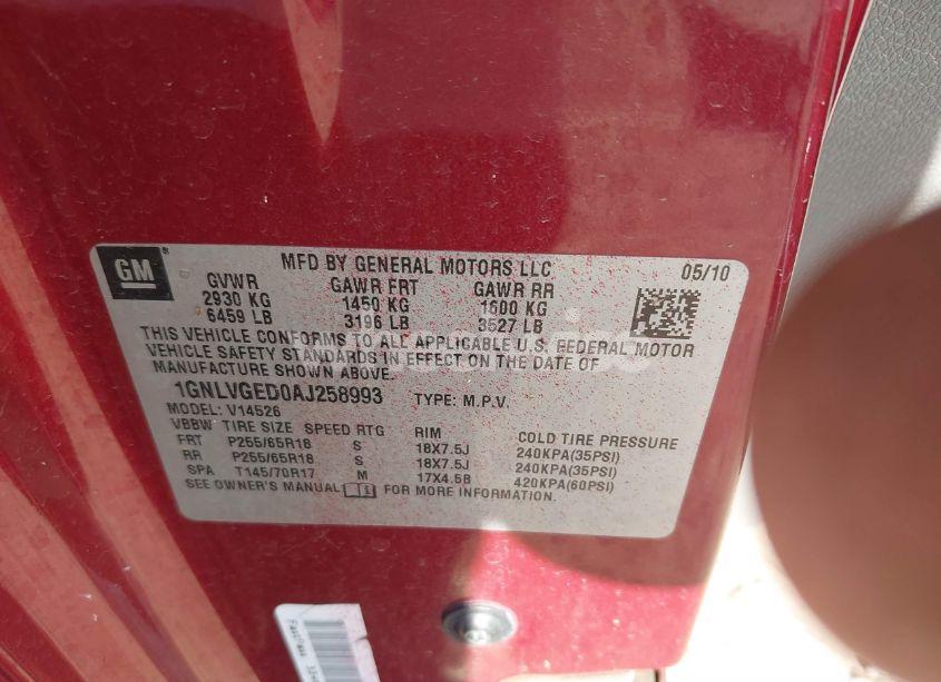 Photo 9 of 2010 Chevrolet Traverse LT (VIN 1GNLVGED0AJ258993)