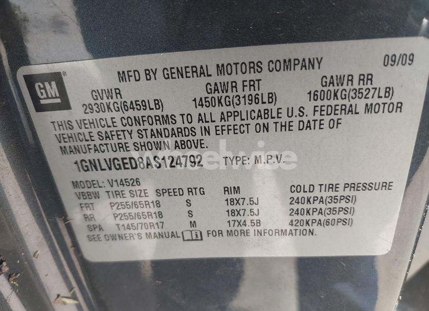 Photo 9 of 2010 Chevrolet Traverse LT (VIN 1GNLVGED8AS124792)