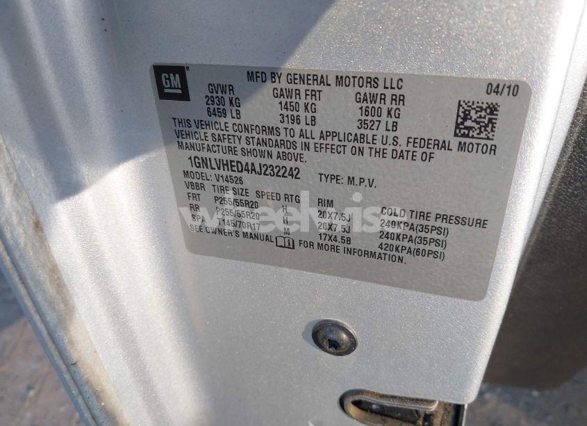 Photo 9 of 2010 Chevrolet Traverse LTZ (VIN 1GNLVHED4AJ232242)