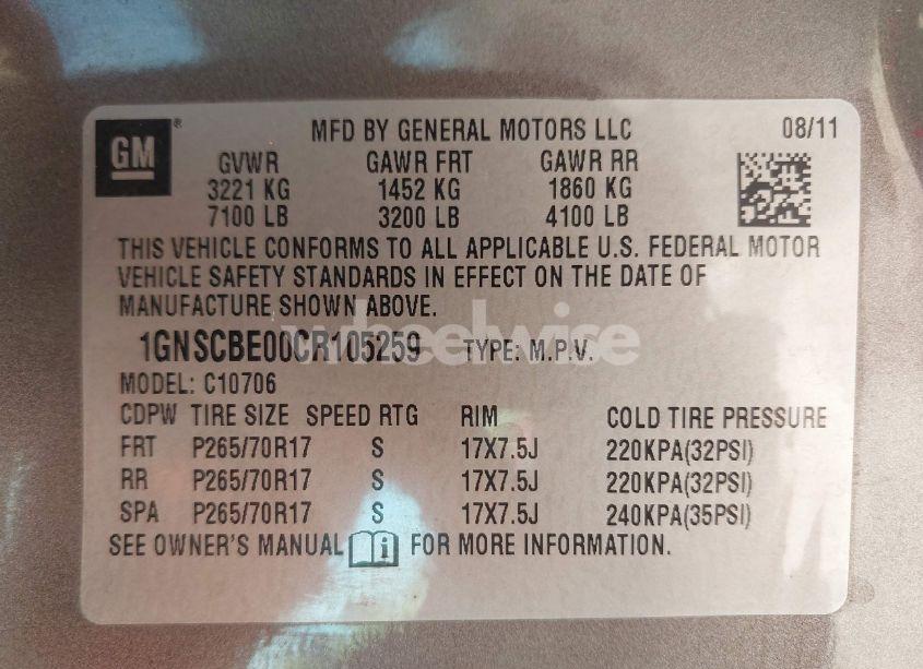 Photo 9 of 2012 Chevrolet Tahoe LT (VIN 1GNSCBE00CR105259)