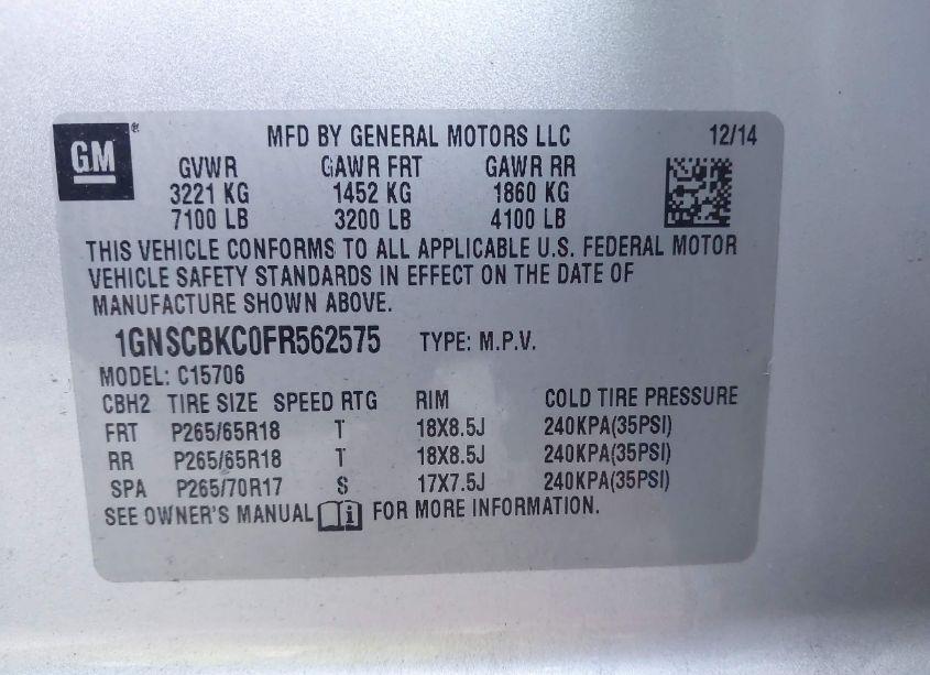 Photo 9 of 2015 Chevrolet Tahoe LT (VIN 1GNSCBKC0FR562575)