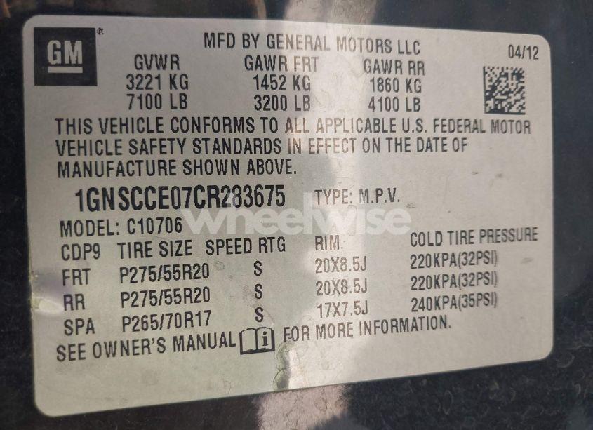 Photo 9 of 2012 Chevrolet Tahoe LTZ (VIN 1GNSCCE07CR283675)