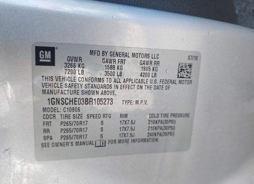 Photo 9 of 2011 Chevrolet Suburban 1500 LS (VIN 1GNSCHE03BR105273)