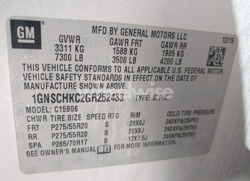 Photo 9 of 2016 Chevrolet Suburban LT (VIN 1GNSCHKC2GR252433)