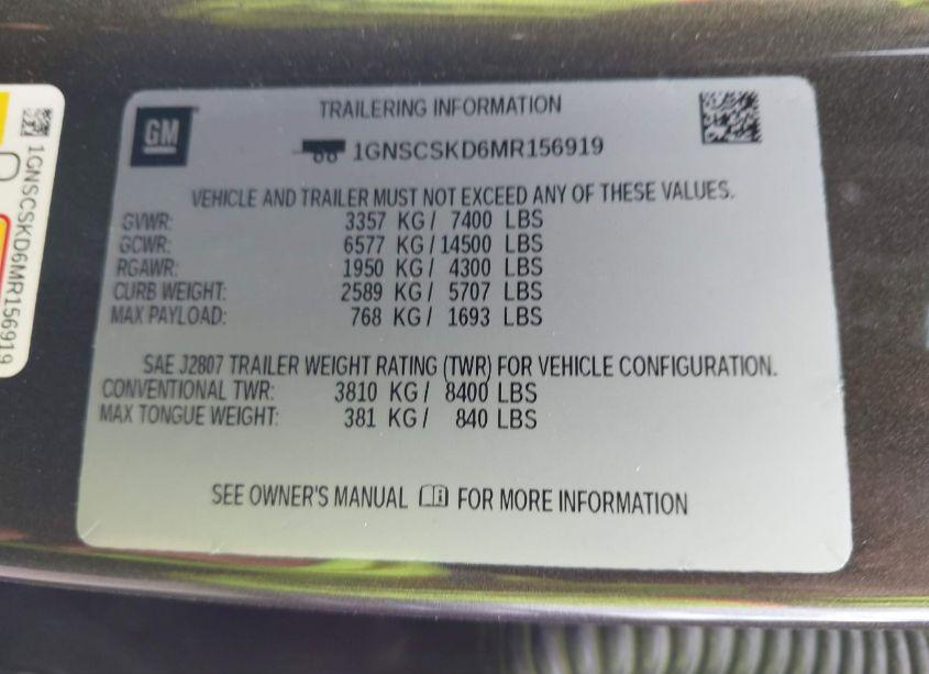 Photo 9 of 2021 Chevrolet Tahoe 2WD PREMIER (VIN 1GNSCSKD6MR156919)