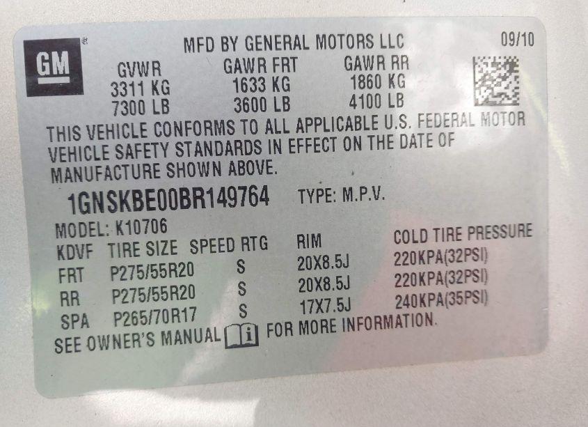 Photo 9 of 2011 Chevrolet Tahoe LT (VIN 1GNSKBE00BR149764)