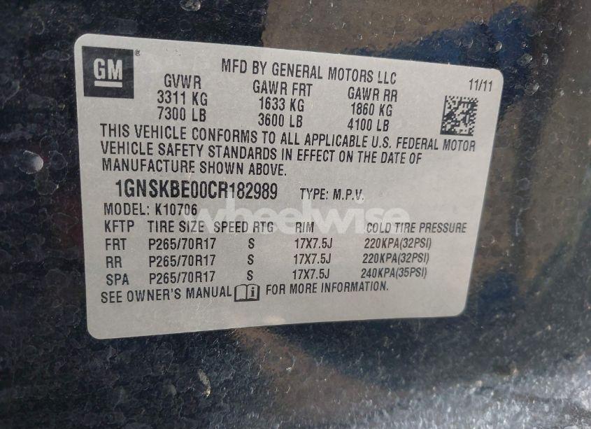 Photo 9 of 2012 Chevrolet Tahoe LT (VIN 1GNSKBE00CR182989)