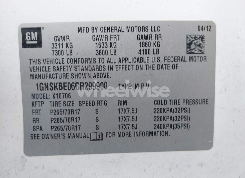 Photo 9 of 2012 Chevrolet Tahoe LT (VIN 1GNSKBE06CR299900)