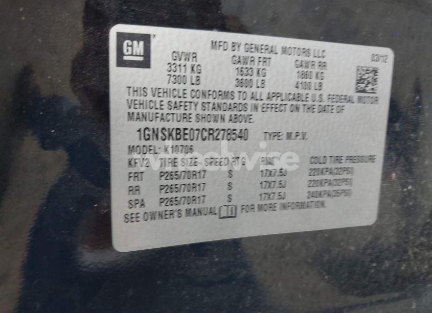 Photo 9 of 2012 Chevrolet Tahoe LT (VIN 1GNSKBE07CR278540)