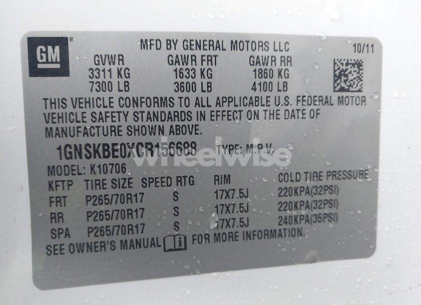 Photo 9 of 2012 Chevrolet Tahoe LT (VIN 1GNSKBE0XCR156688)