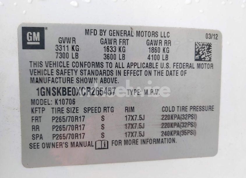 Photo 9 of 2012 Chevrolet Tahoe LT (VIN 1GNSKBE0XCR265457)