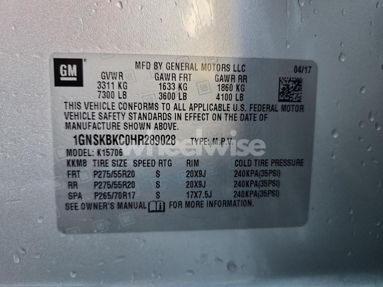 Photo 13 of 2017 CHEVROLET TAHOE K1500 LT (VIN 1GNSKBKC0HR289028)