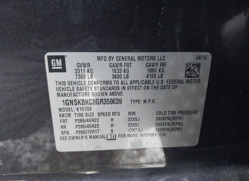 Photo 9 of 2016 Chevrolet Tahoe LT (VIN 1GNSKBKC8GR350639)