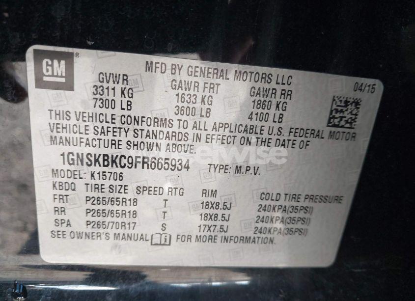 Photo 9 of 2015 Chevrolet Tahoe LT (VIN 1GNSKBKC9FR665934)
