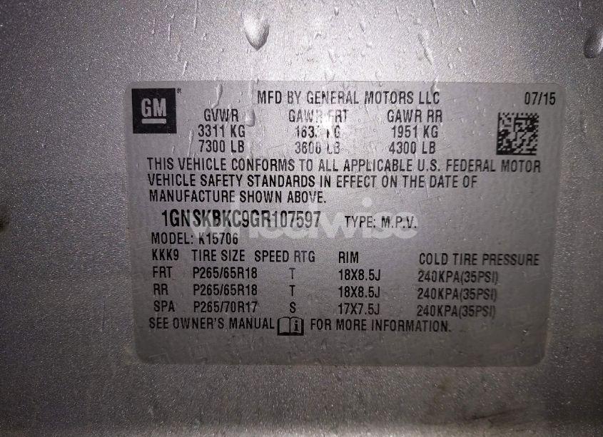 Photo 9 of 2016 Chevrolet Tahoe LT (VIN 1GNSKBKC9GR107597)