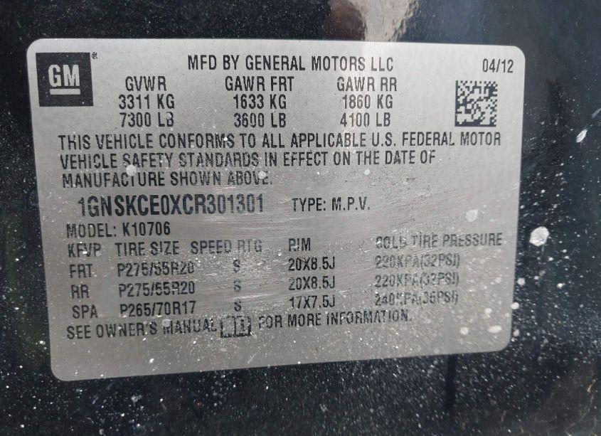 Photo 9 of 2012 Chevrolet Tahoe LTZ (VIN 1GNSKCE0XCR301301)