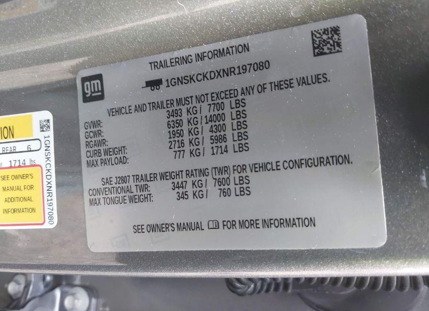 Photo 9 of 2022 Chevrolet Suburban 4WD LT (VIN 1GNSKCKDXNR197080)