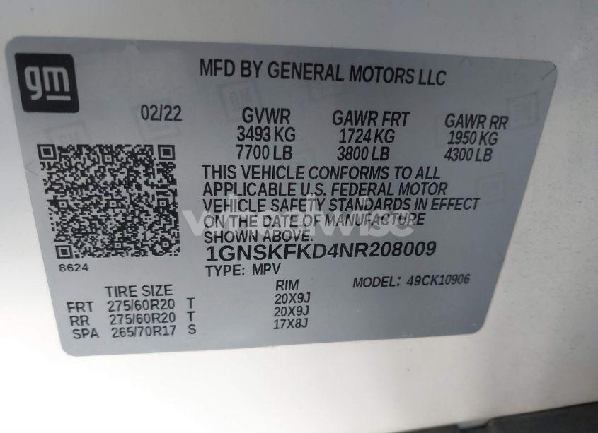 Photo 9 of 2022 Chevrolet Suburban 4WD PREMIER (VIN 1GNSKFKD4NR208009)