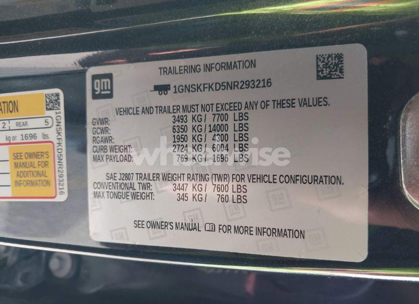 Photo 9 of 2022 Chevrolet Suburban 4WD PREMIER (VIN 1GNSKFKD5NR293216)