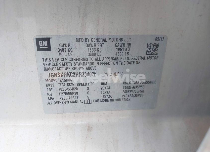 Photo 9 of 2017 Chevrolet Suburban LT (VIN 1GNSKHKC3HR334076)