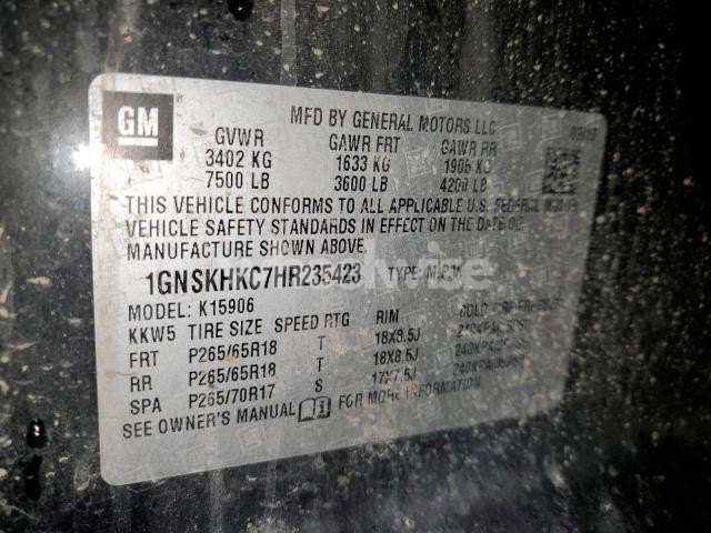 Photo 9 of 2017 CHEVROLET SUBURBAN K1500 LT (VIN 1GNSKHKC7HR235423)