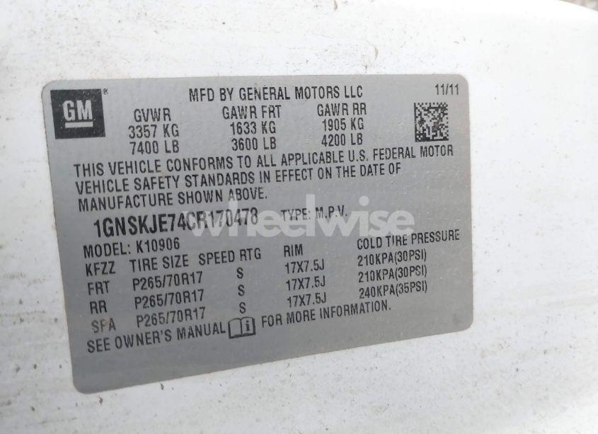 Photo 9 of 2012 Chevrolet Suburban 1500 LT (VIN 1GNSKJE74CR170478)