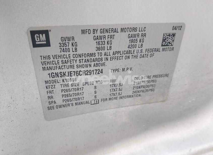 Photo 9 of 2012 Chevrolet Suburban 1500 LT (VIN 1GNSKJE76CR291724)