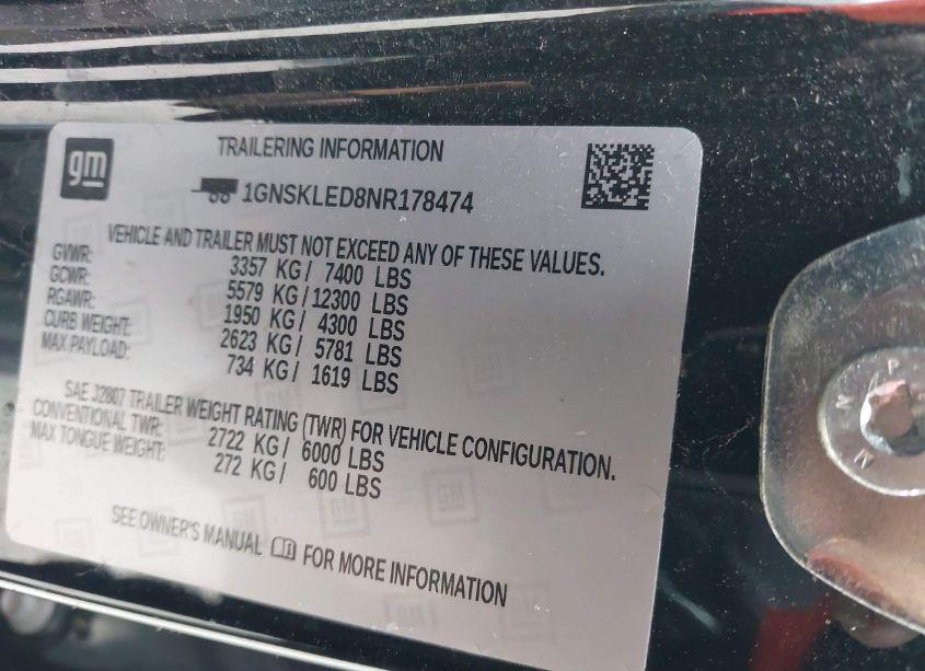 Photo 9 of 2022 Chevrolet Tahoe 4WD COMMERCIAL FLEET (VIN 1GNSKLED8NR178474)