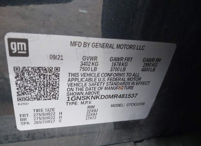 Photo 9 of 2021 Chevrolet Tahoe 4WD LT (VIN 1GNSKNKD0MR481537)