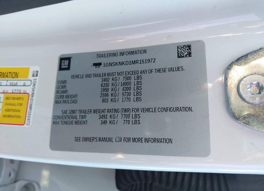 Photo 9 of 2021 Chevrolet Tahoe 4WD LT (VIN 1GNSKNKD1MR151972)