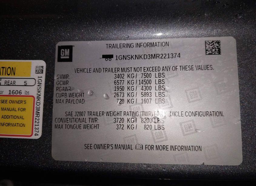 Photo 9 of 2021 Chevrolet Tahoe 4WD LT (VIN 1GNSKNKD3MR221374)